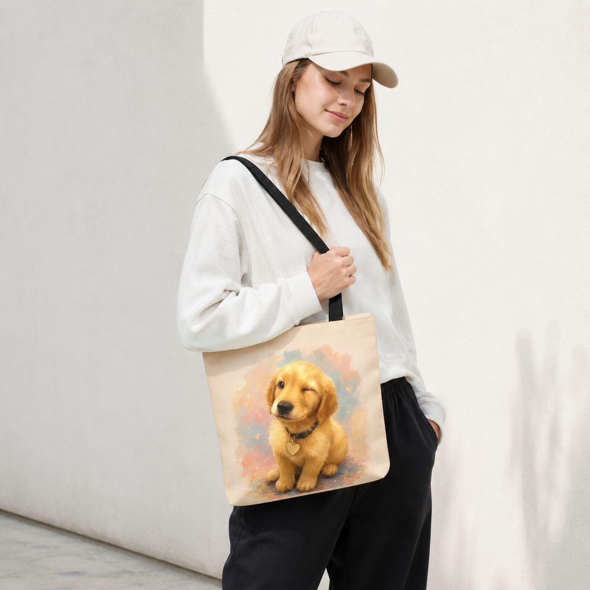 Tote bag printed with a winking Golden Retriever puppy in pink, peach, and grey-blue watercolor