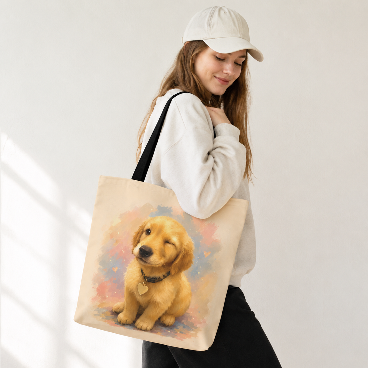 Tote bag printed with a winking Golden Retriever puppy in pink, peach, and grey-blue watercolor