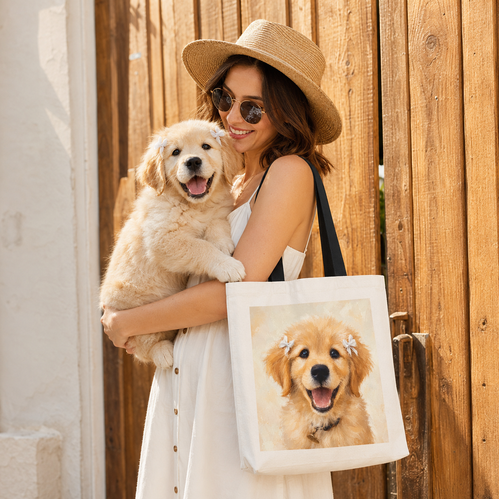 Tote bag printed with a Golden Retriever puppy wearing small white hair ribbons in warm watercolor