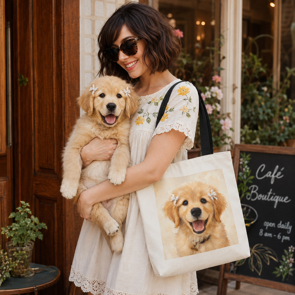 Tote bag printed with a Golden Retriever puppy wearing small white hair ribbons in warm watercolor