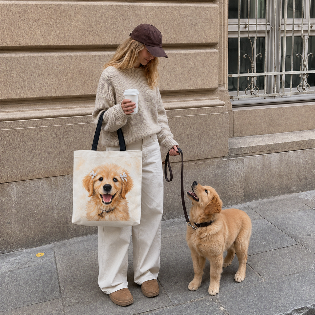 Tote bag printed with a Golden Retriever puppy wearing small white hair ribbons in warm watercolor