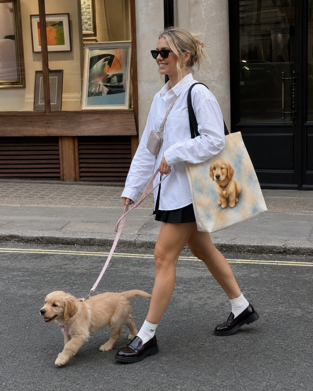 Tote bag printed with a winking Golden Retriever puppy in soft yellow and dusty blue watercolor