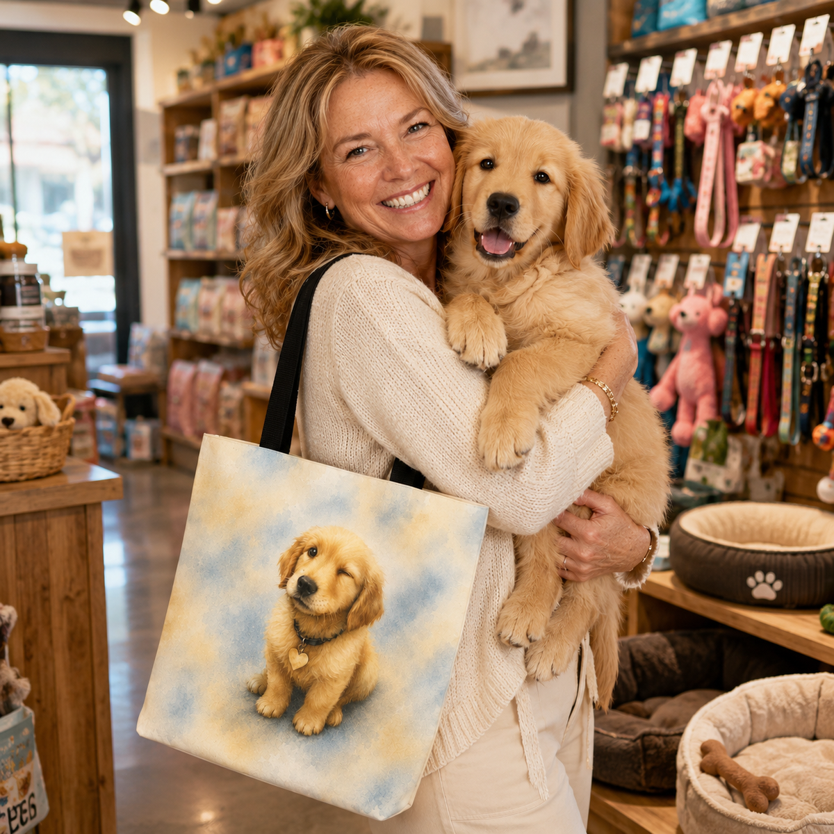 Tote bag printed with a winking Golden Retriever puppy in soft yellow and dusty blue watercolor