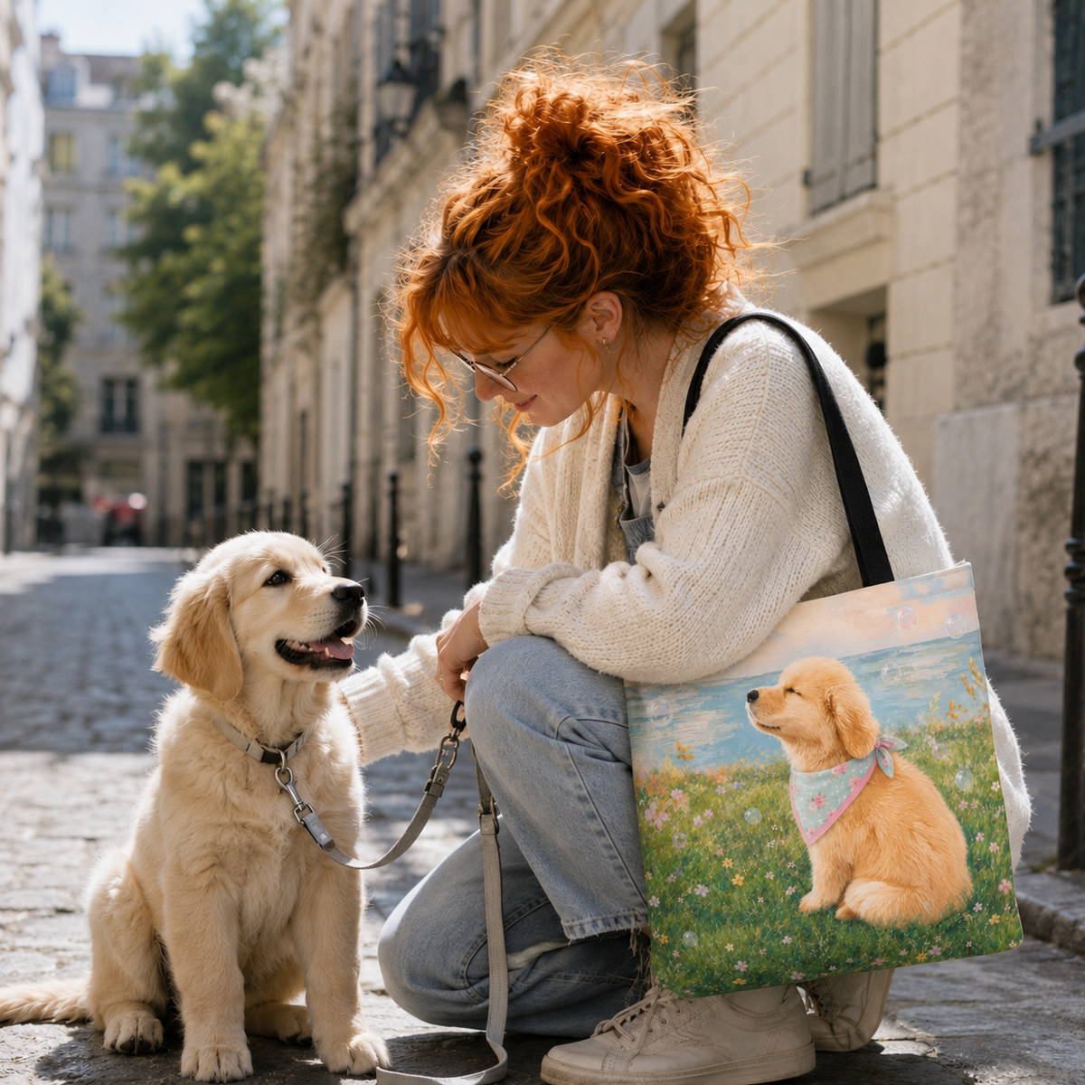 Tote bag printed with a Golden Retriever puppy in a wildflower meadow wearing a pastel bandana