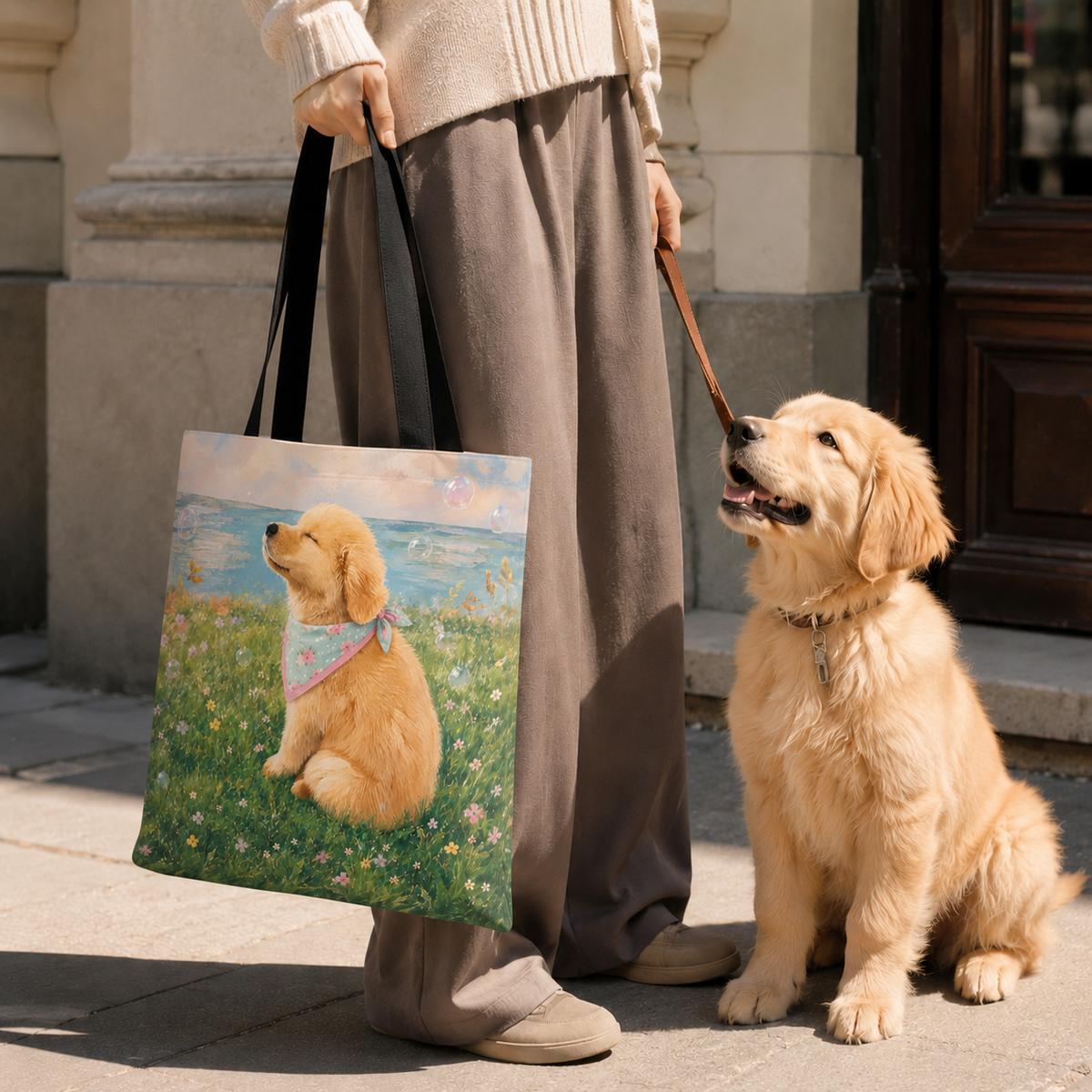 Tote bag printed with a Golden Retriever puppy in a wildflower meadow wearing a pastel bandana