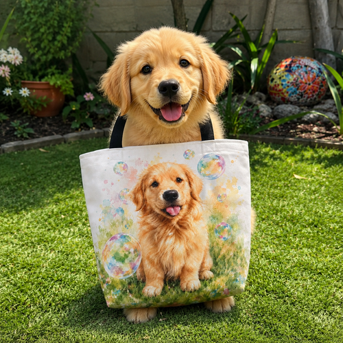 Tote bag printed with a Golden Retriever puppy in a meadow surrounded by pastel floating bubbles