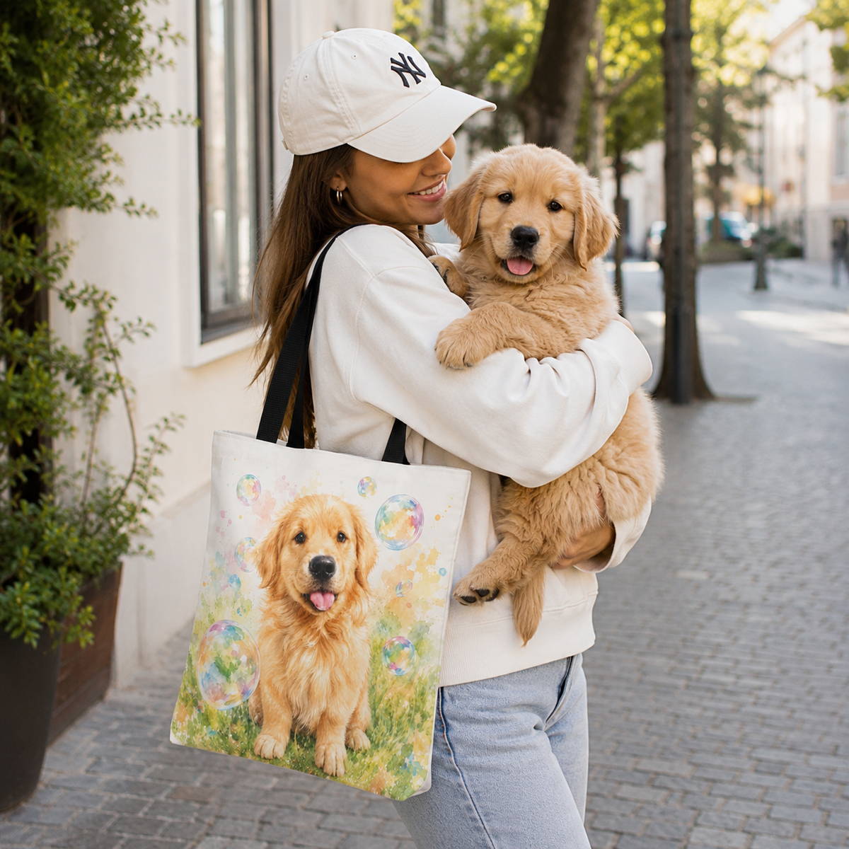 Tote bag printed with a Golden Retriever puppy in a meadow surrounded by pastel floating bubbles