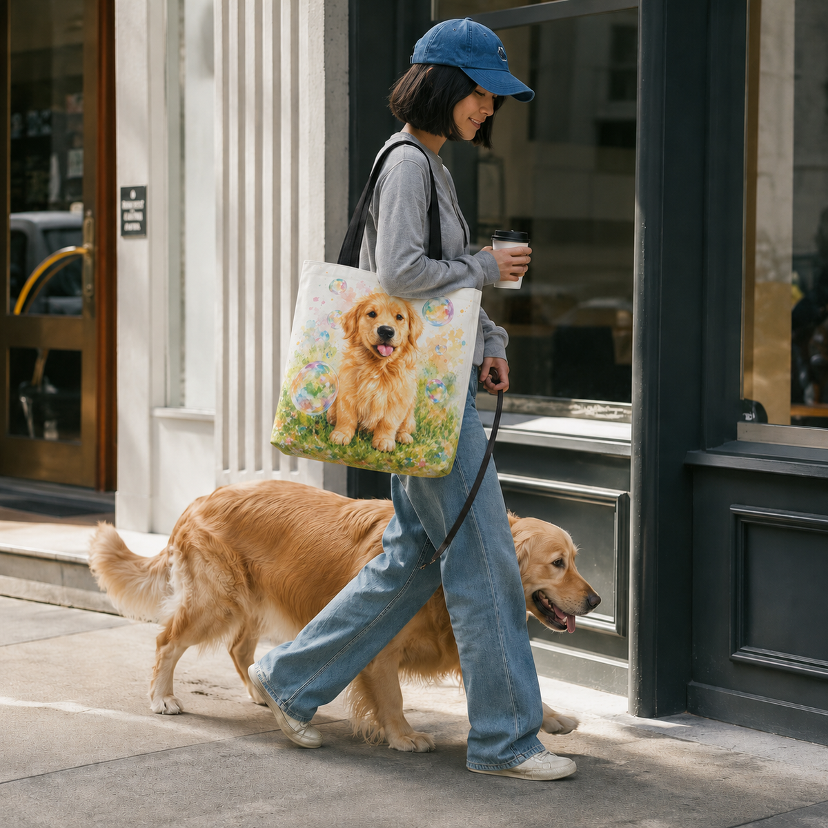 Tote bag printed with a Golden Retriever puppy in a meadow surrounded by pastel floating bubbles