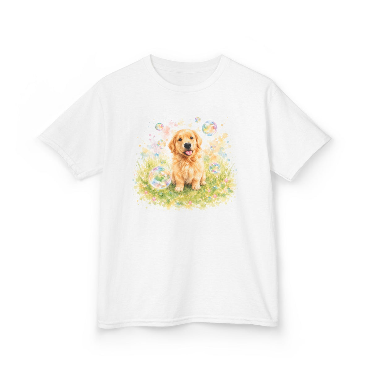 White kids t-shirt printed with a Golden Retriever puppy in a meadow surrounded by bubbles and flowers
