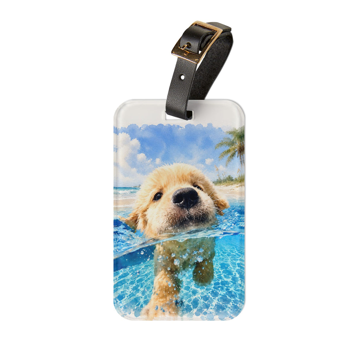 Acrylic luggage tag printed with a Golden Retriever puppy paddling in sparkling blue water
