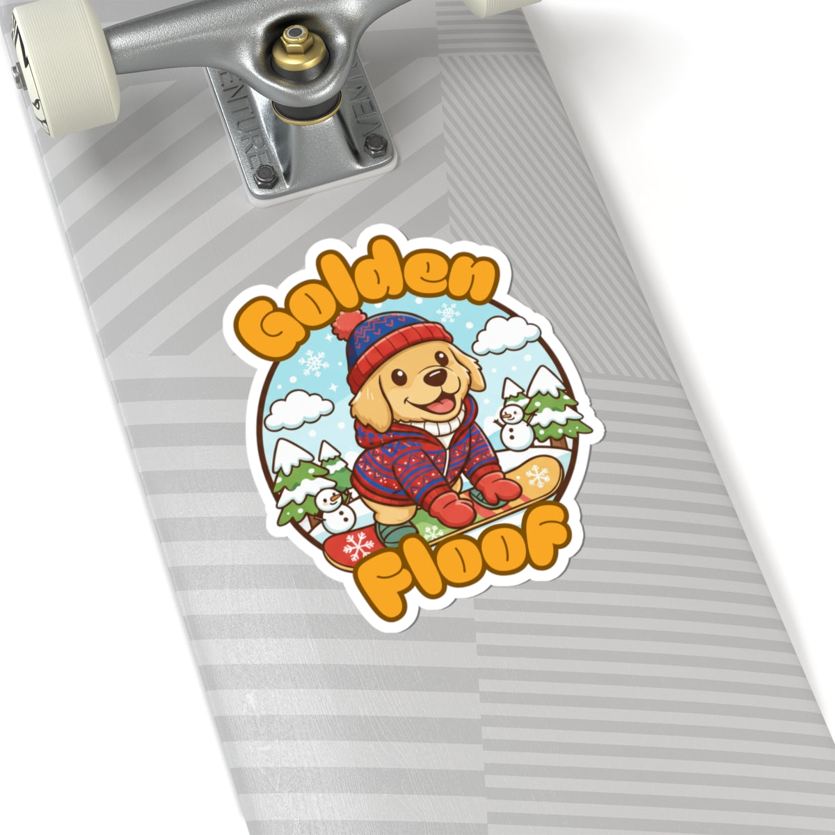 Golden Floof Winter Pup Kiss Cut Sticker – Cozy Snow Day Dog in Beanie & Sweater