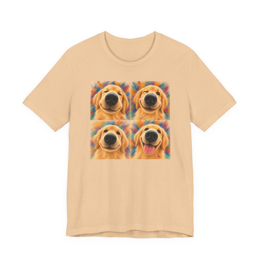 Sand Dune t-shirt printed with four Golden Retriever faces in different expressions on a painterly background