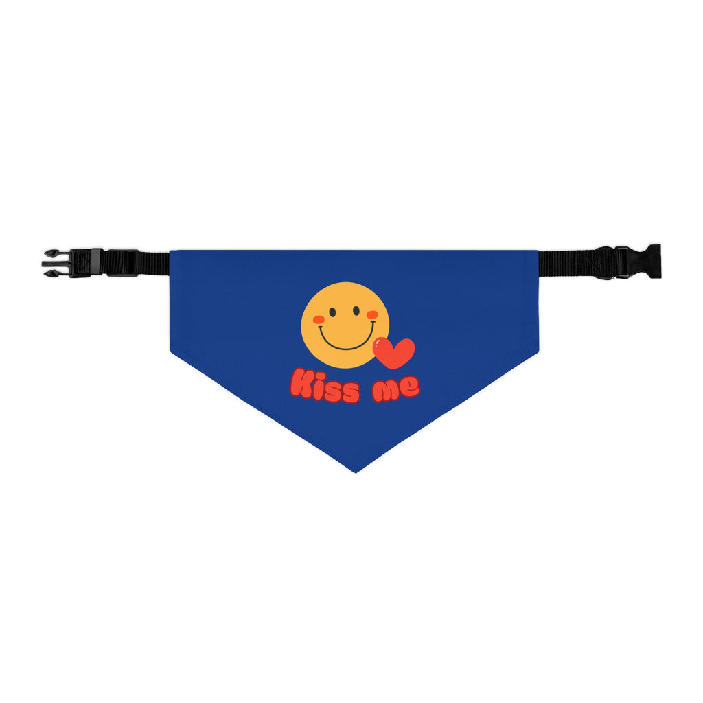 Valentine “Kiss Me” Dog Bandana Collar – Cute Heart Smiley, Blue Adjustable Pet Accessory