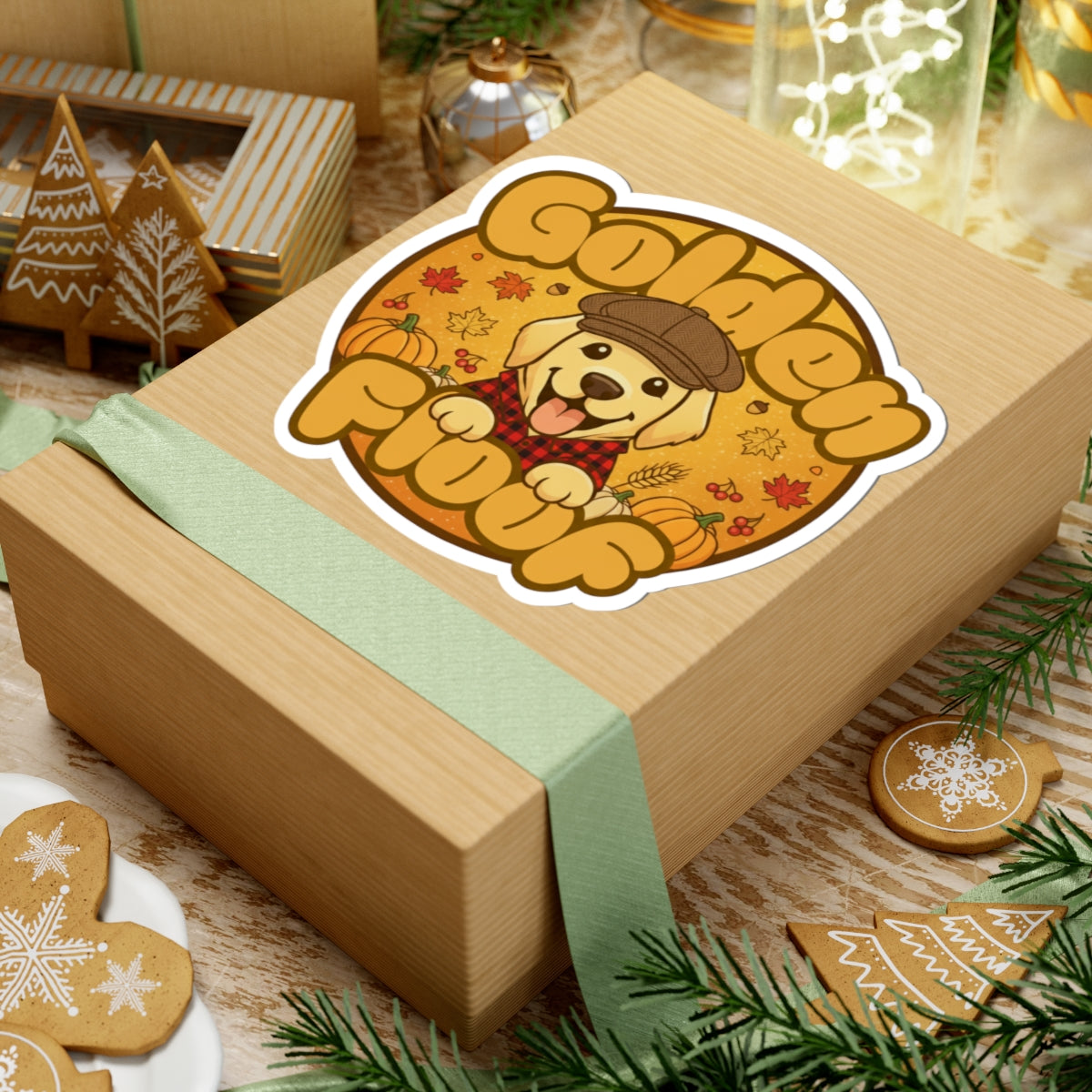 Golden Floof Autumn Pup Kiss Cut Sticker – Cozy Fall Dog with Pumpkins & Plaid