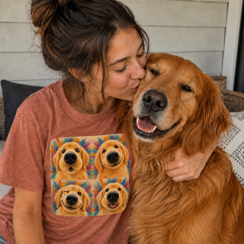 Heather Clay t-shirt printed with a four-panel portrait of Golden Retriever expressions