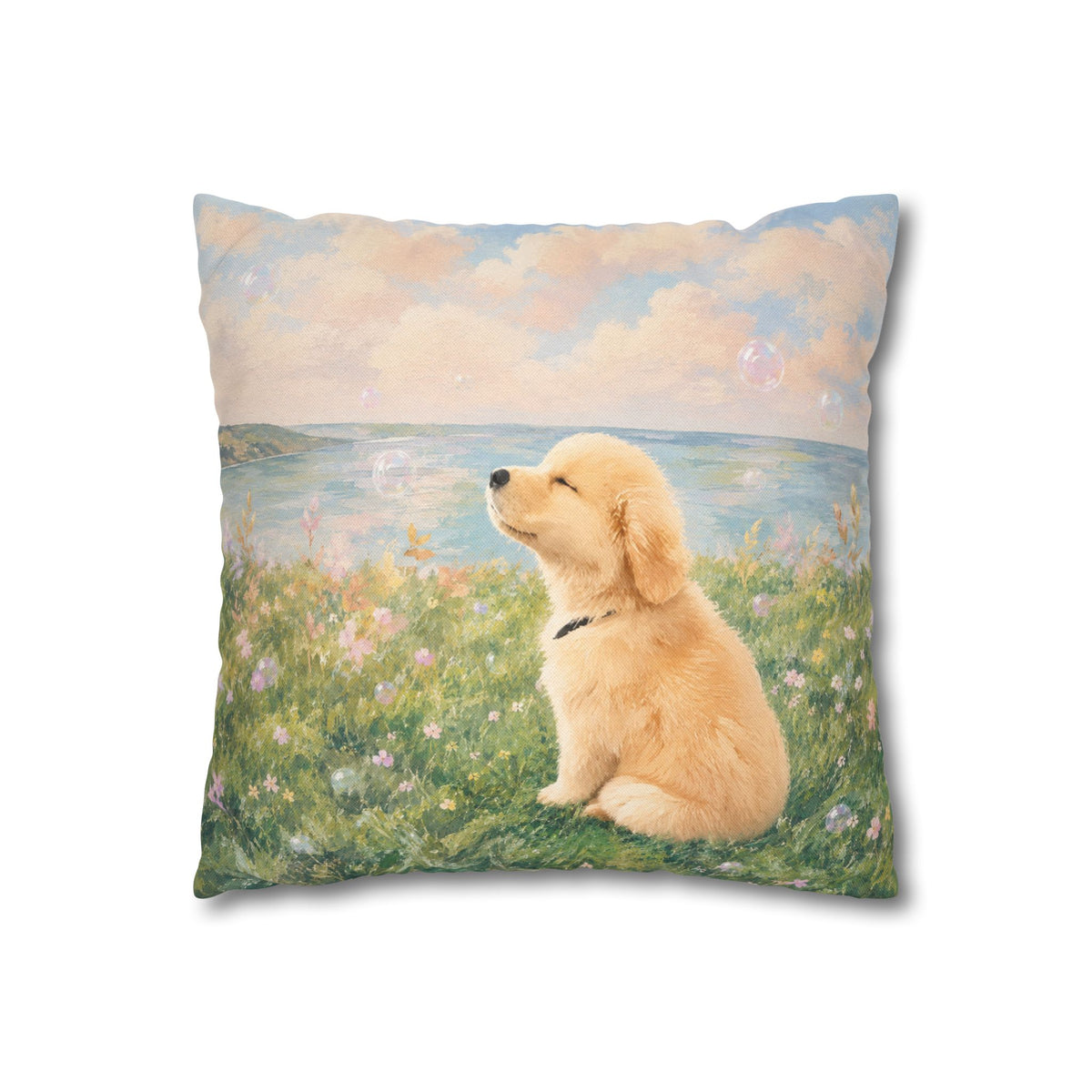 14 inch pillow cover printed with a Golden Retriever puppy resting in a pastel wildflower meadow