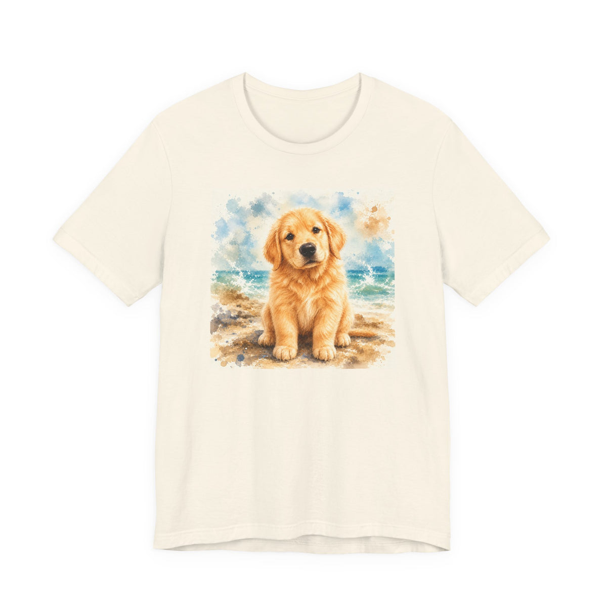 Natural t-shirt printed with a Golden Retriever puppy sitting on the shore among soft watercolor waves