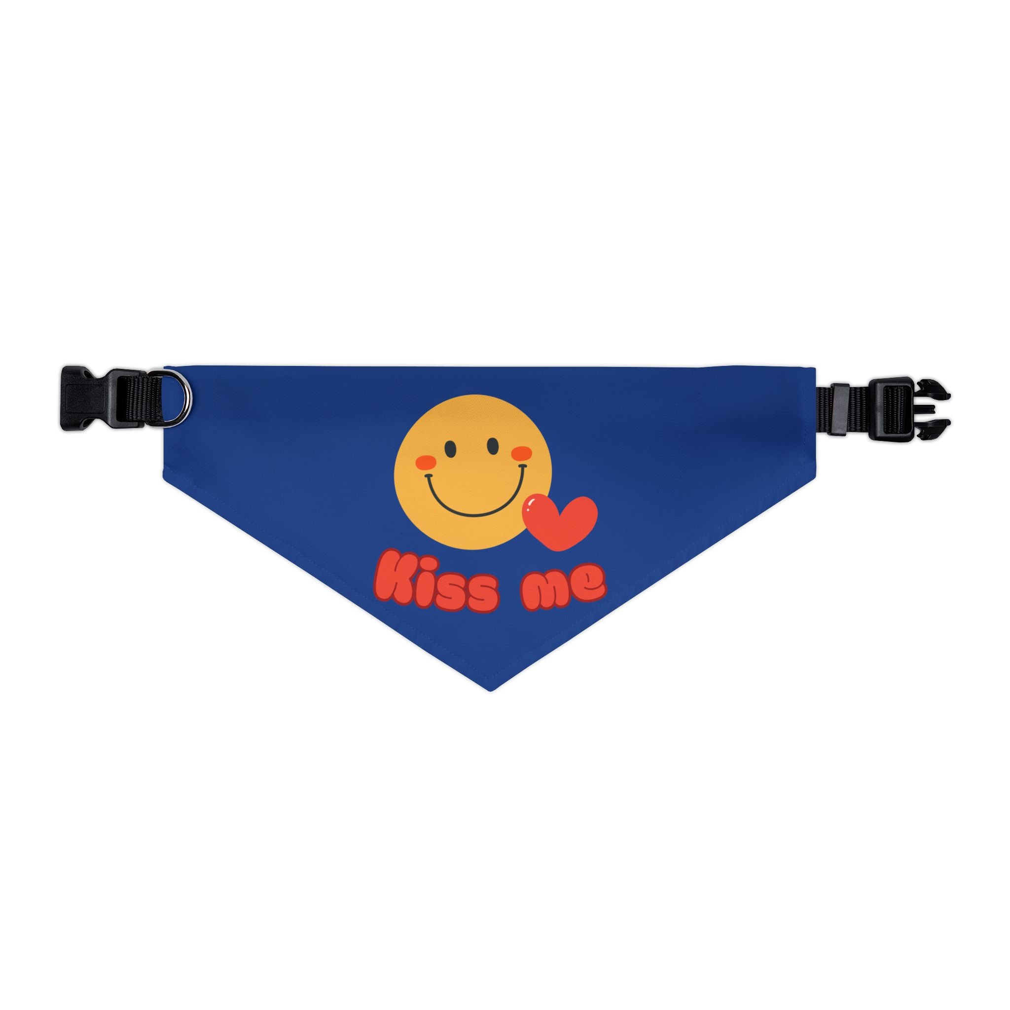 Valentine “Kiss Me” Dog Bandana Collar – Cute Heart Smiley, Blue Adjustable Pet Accessory