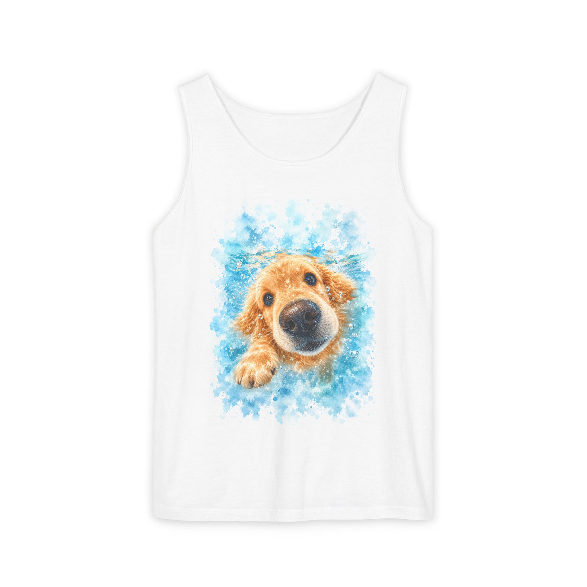 White tank top printed with a Golden Retriever swimming nose-first through blue watercolor splashes