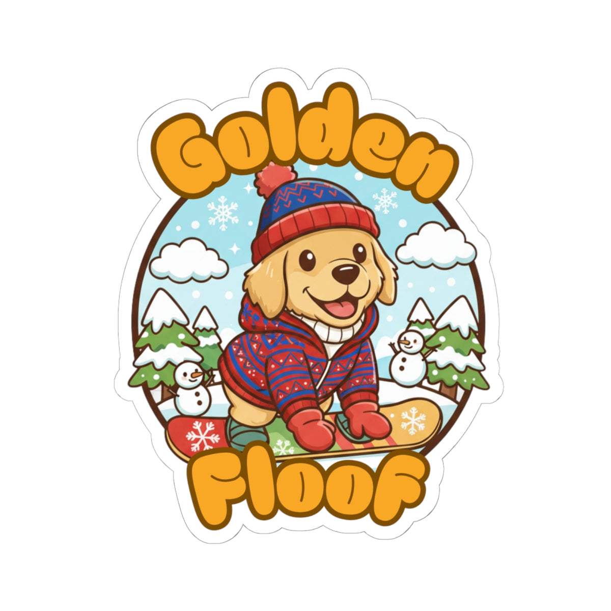 Golden Floof Winter Pup Kiss Cut Sticker – Cozy Snow Day Dog in Beanie & Sweater