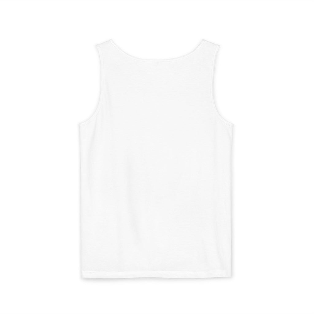 White tank top printed with a Golden Retriever swimming nose-first through blue watercolor splashes