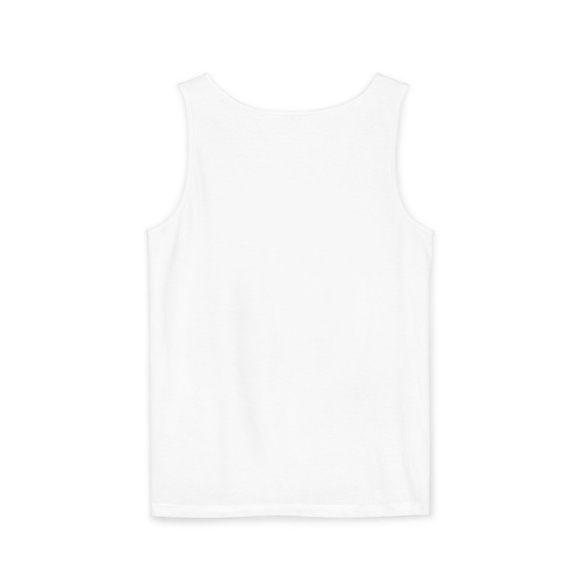 White tank top printed with a Golden Retriever swimming nose-first through blue watercolor splashes