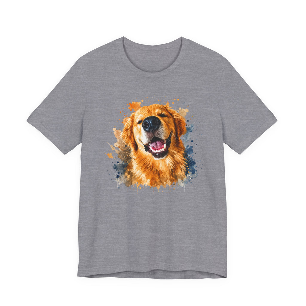Heather Storm t-shirt printed with a large smiling Golden Retriever in gold and orange watercolor splashes