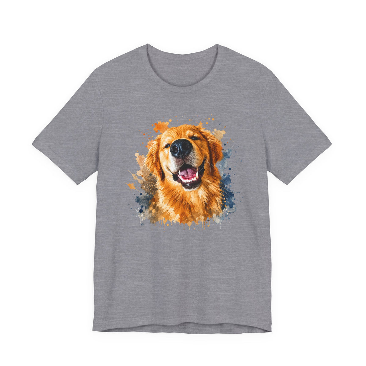 Heather Storm t-shirt printed with a large smiling Golden Retriever in gold and orange watercolor splashes