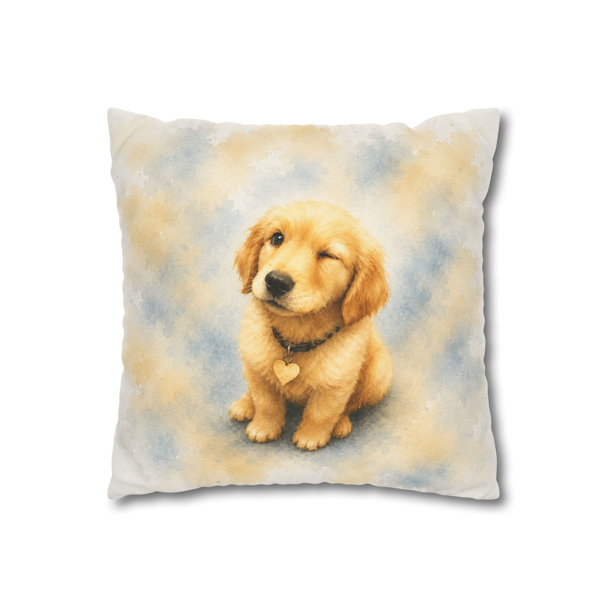 14 inch pillow cover printed with a winking Golden Retriever puppy in yellow and blue watercolor