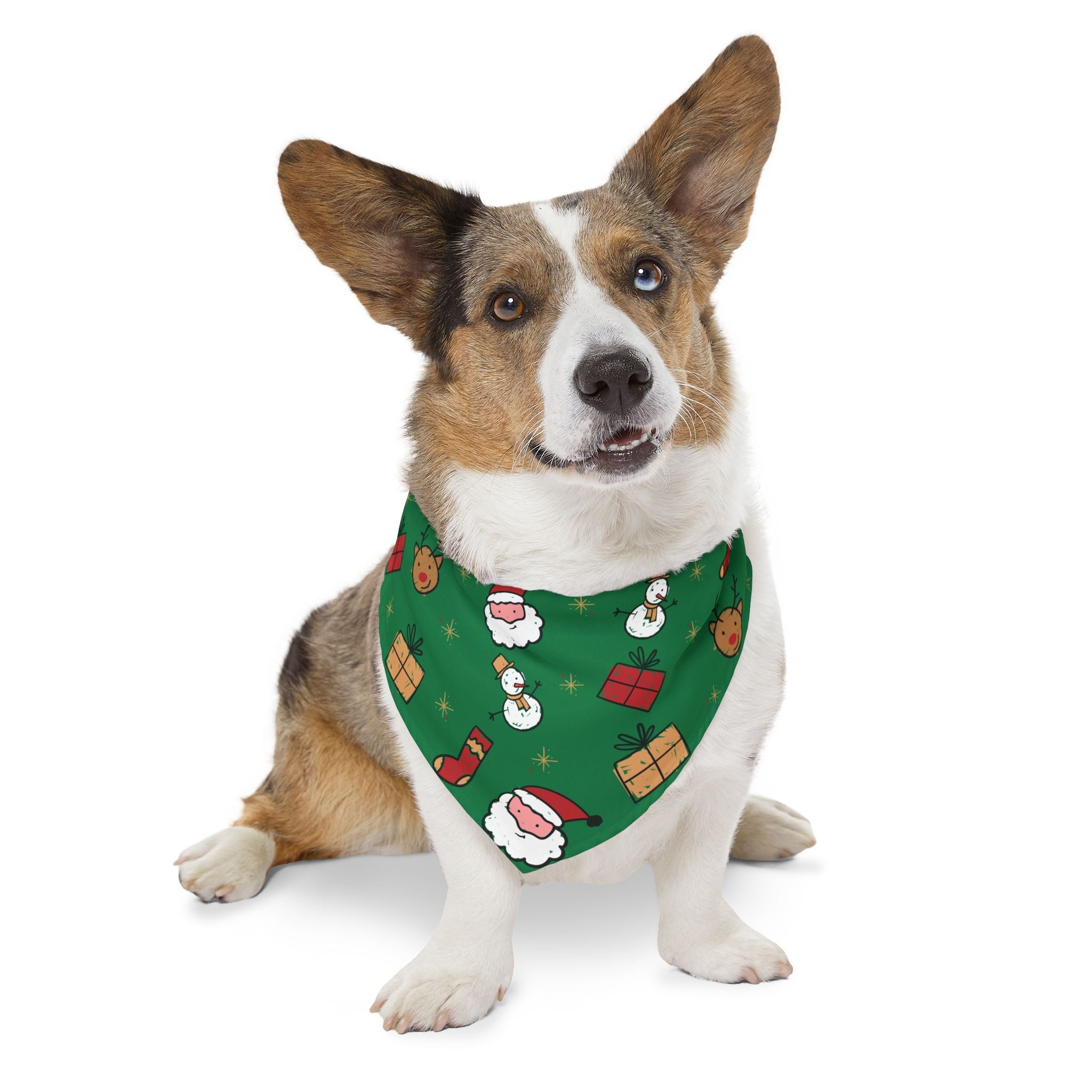 Christmas Dog Bandana Collar – Santa, Snowman & Reindeer Pattern (Green) | Holiday Pet Accessory
