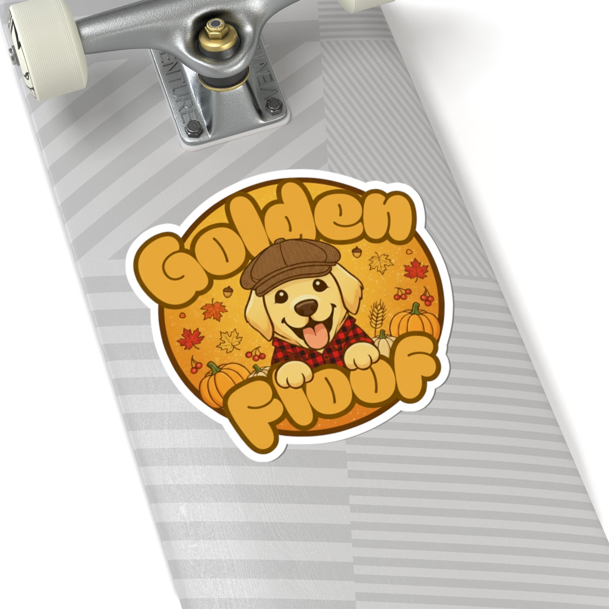 Golden Floof Autumn Pup Kiss Cut Sticker – Cozy Fall Dog with Pumpkins & Plaid