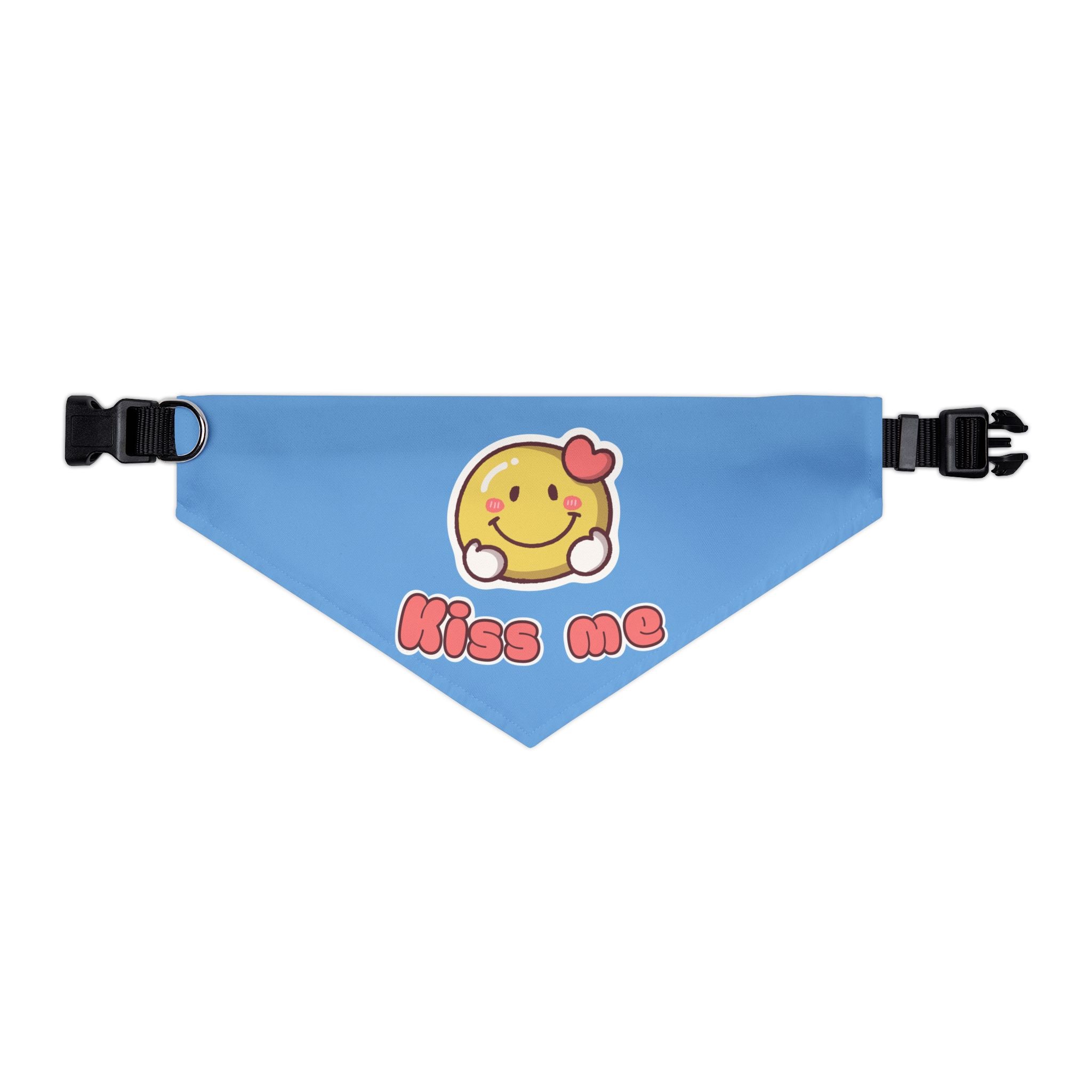 Kiss Me Valentine Dog Bandana Collar – Adjustable Light Blue Heart Smiley Pet Bandana