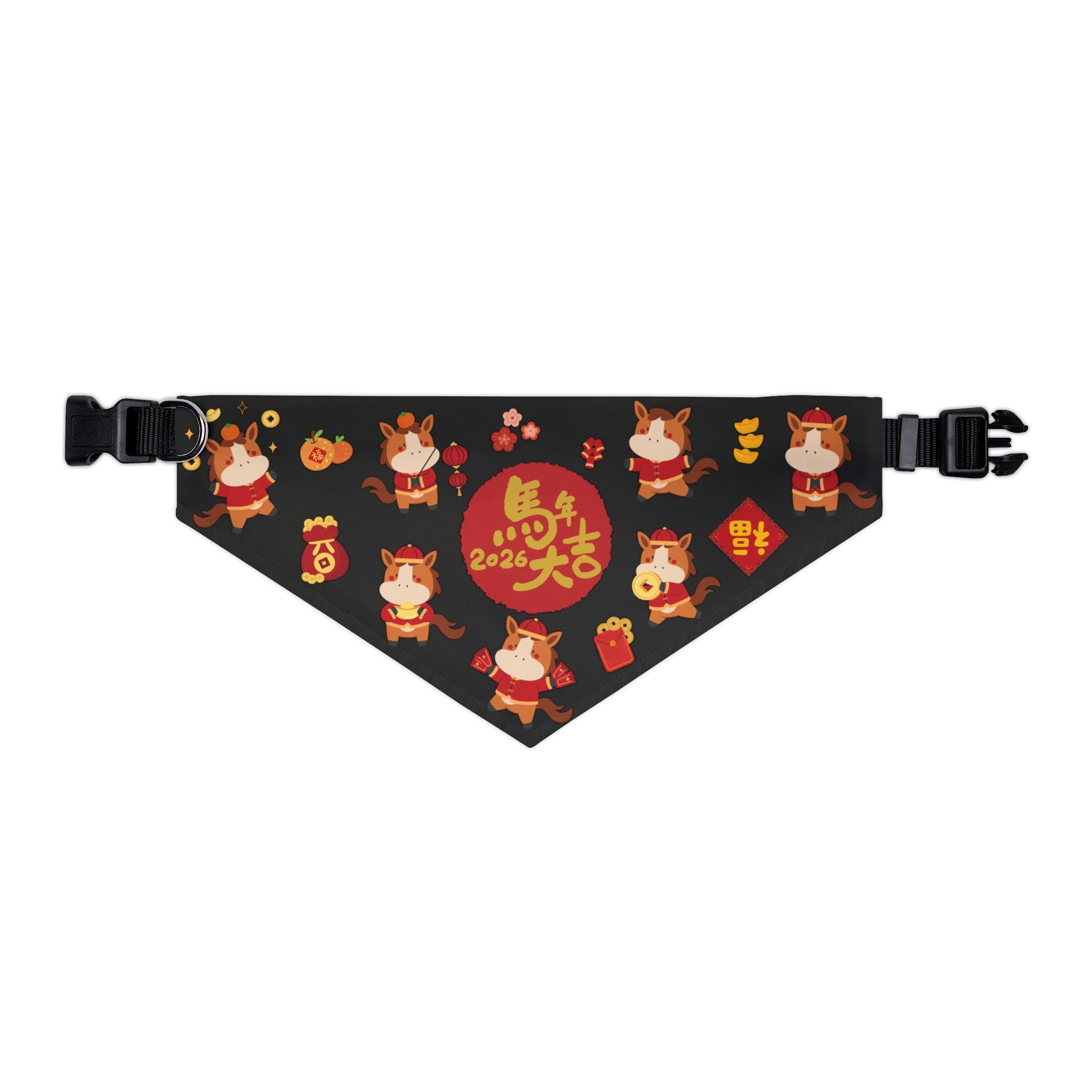 2026 Year of the Horse Dog Bandana Collar – Lunar New Year Festival Black Pet Scarf