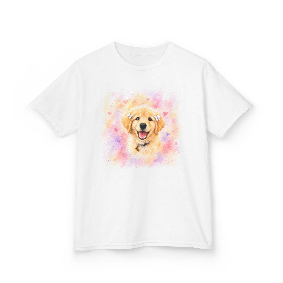 White kids t-shirt printed with a Golden Retriever puppy in pink, peach, and lavender watercolor florals