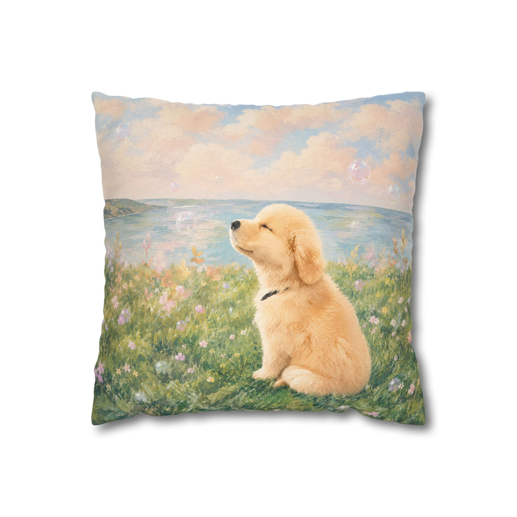 14 inch pillow cover printed with a Golden Retriever puppy resting in a pastel wildflower meadow