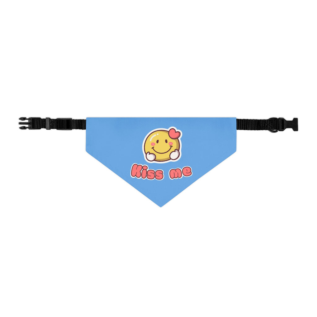 Kiss Me Valentine Dog Bandana Collar – Adjustable Light Blue Heart Smiley Pet Bandana