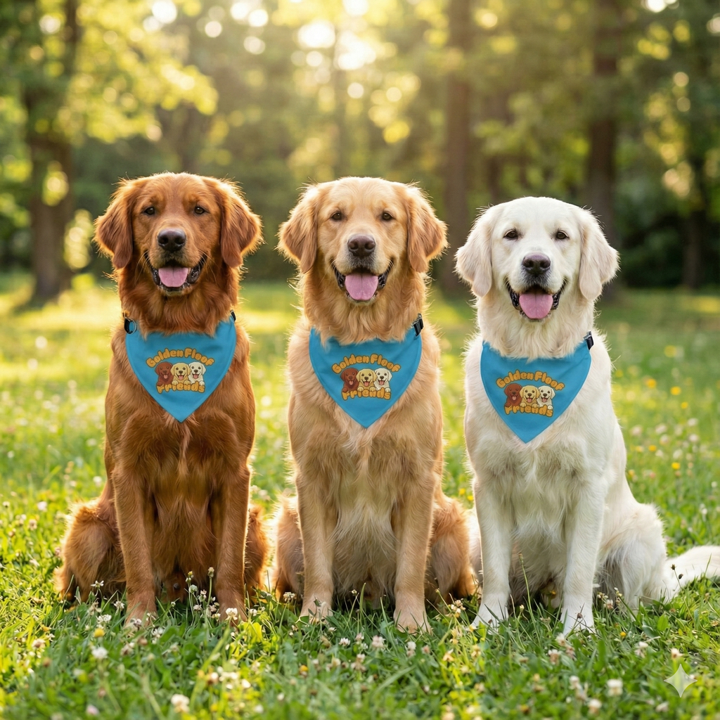 Golden Floof™ Friends Dog Bandana Collar – Adjustable Pet Bandana with Golden Retriever Trio