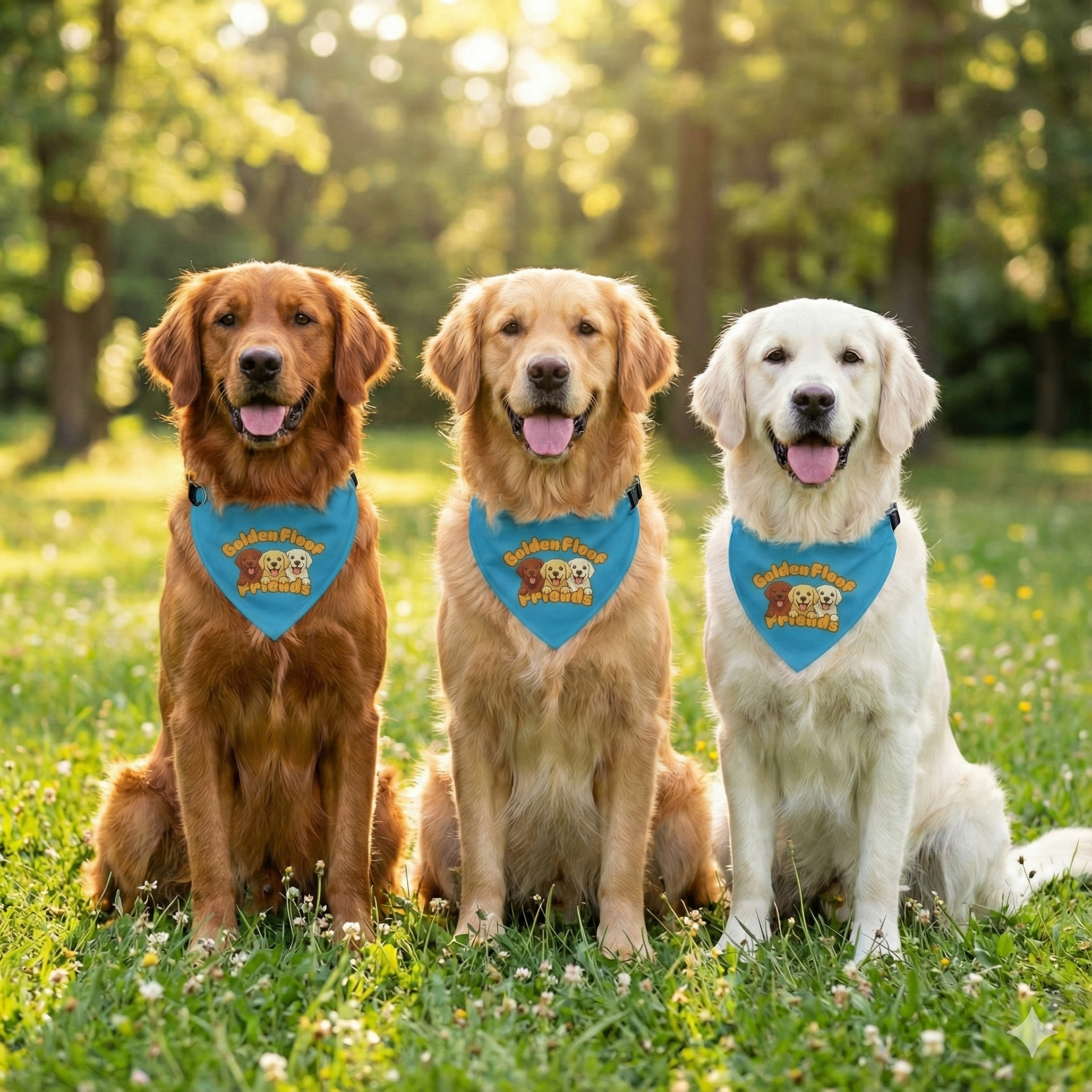 Golden Floof™ Friends Dog Bandana Collar – Adjustable Pet Bandana with Golden Retriever Trio