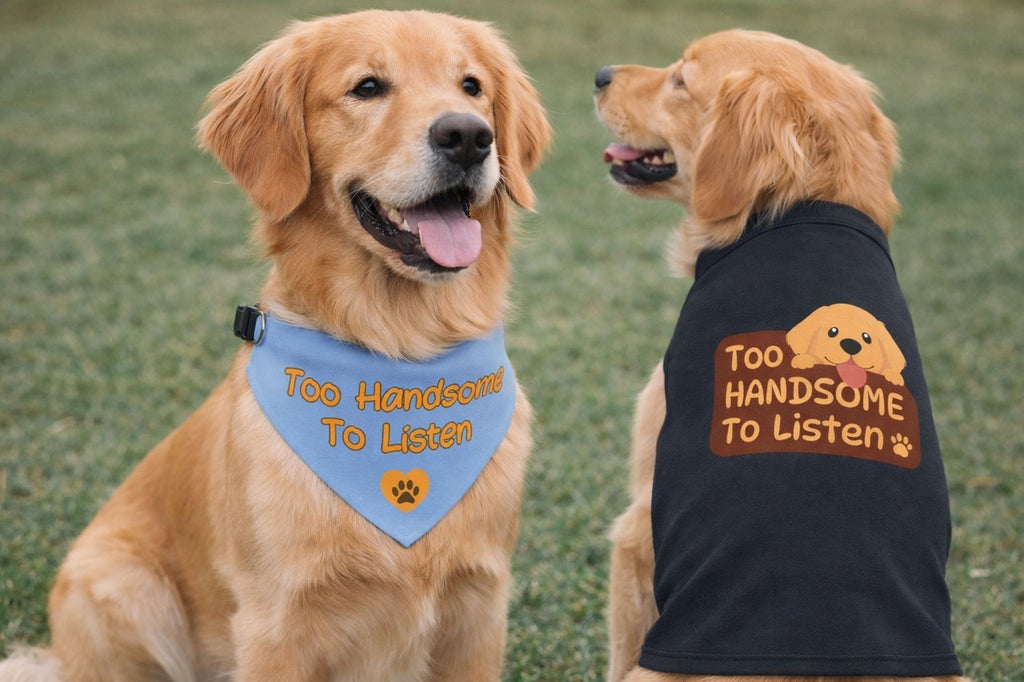 Too Handsome to Listen Dog Bandana Collar – Blue Funny Dog Bandana, Adjustable Pet Bandana