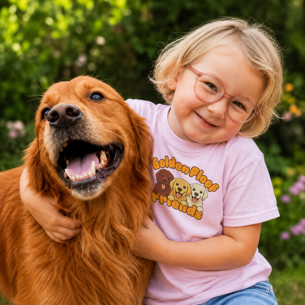 Golden Floof™ Kids Friends T-Shirt – Cute Golden Retriever Trio Tee for Children