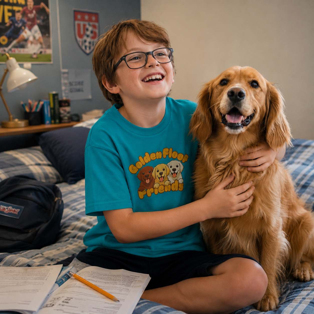 Golden Floof™ Kids Friends T-Shirt – Cute Golden Retriever Trio Tee for Children