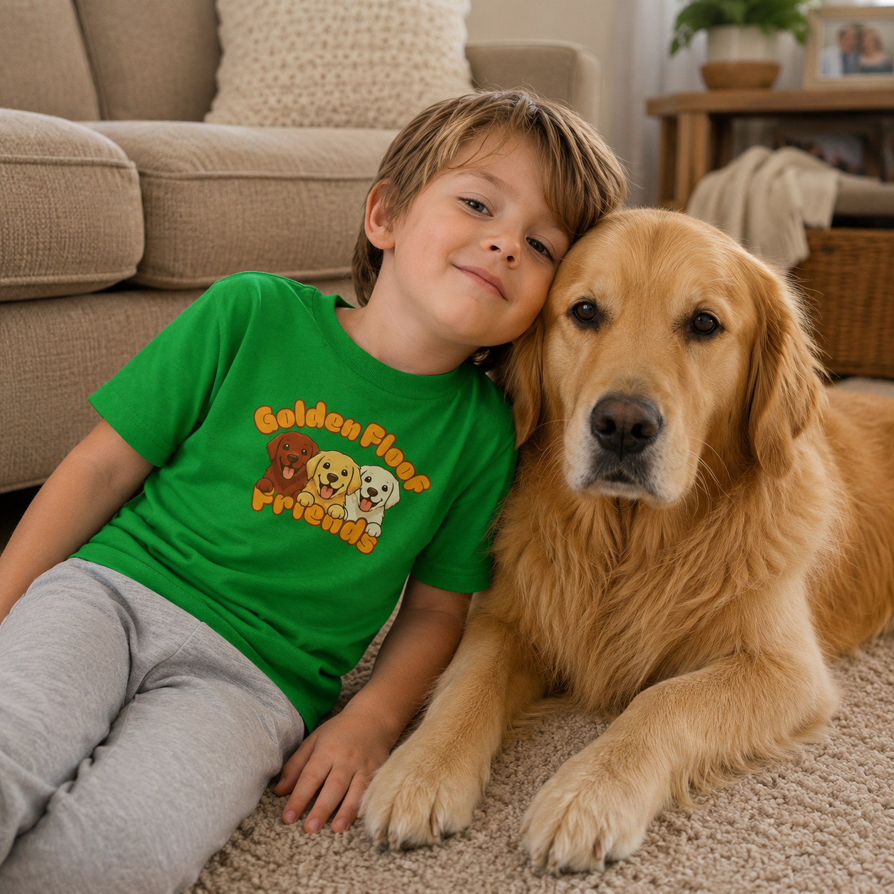 Golden Floof™ Kids Friends T-Shirt – Cute Golden Retriever Trio Tee for Children