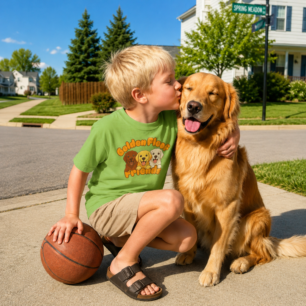 Golden Floof™ Kids Friends T-Shirt – Cute Golden Retriever Trio Tee for Children