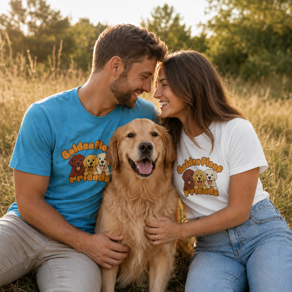 Golden Floof™ Friends T-Shirt – Cute Golden Retriever Trio Tee for Dog Lovers