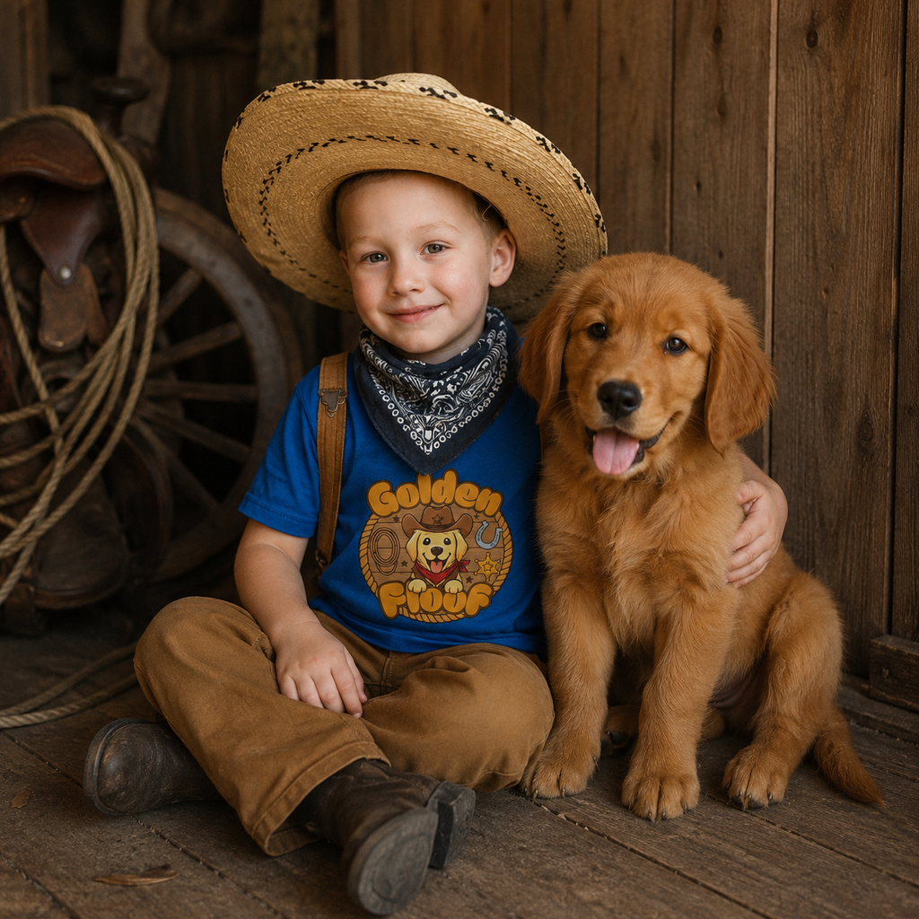 Golden Floof™ Kids Cowboy T-Shirt – Cute Western Golden Retriever Tee for Children