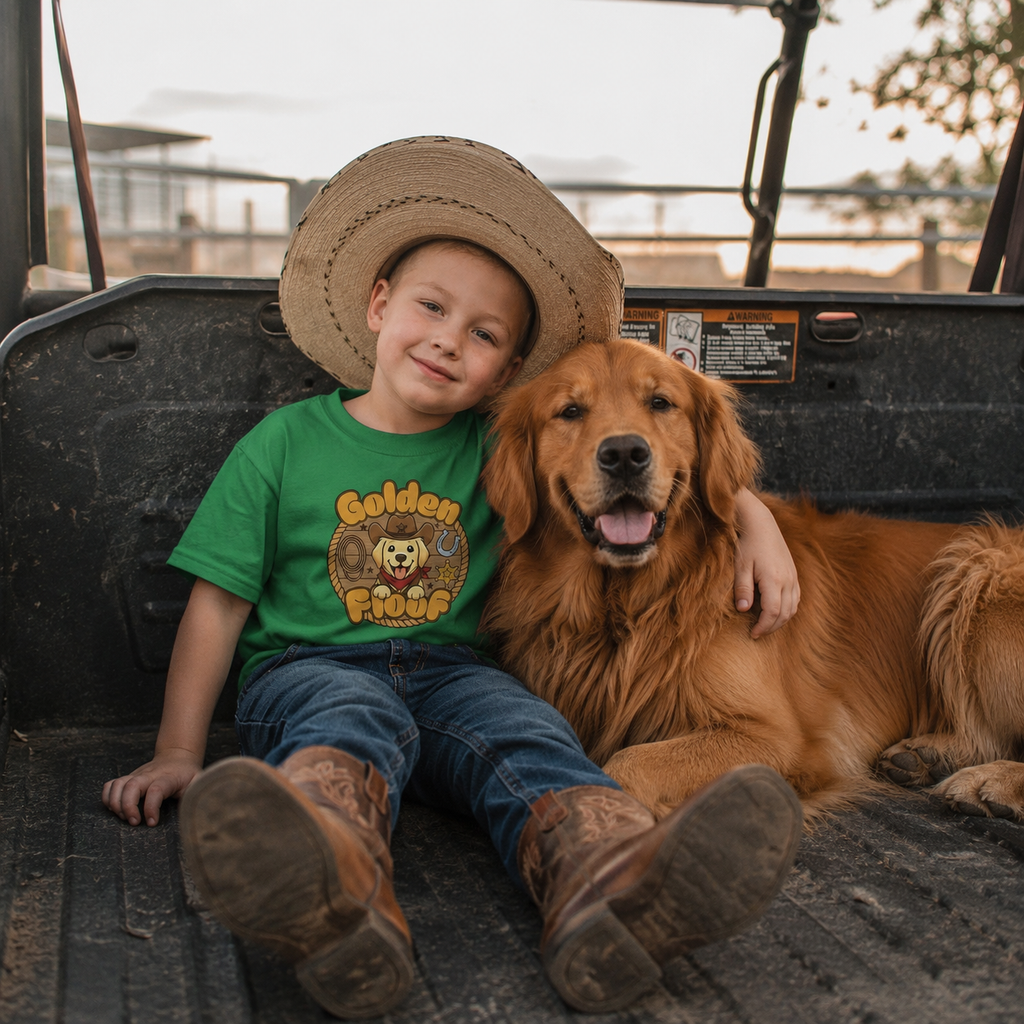 Golden Floof™ Kids Cowboy T-Shirt – Cute Western Golden Retriever Tee for Children