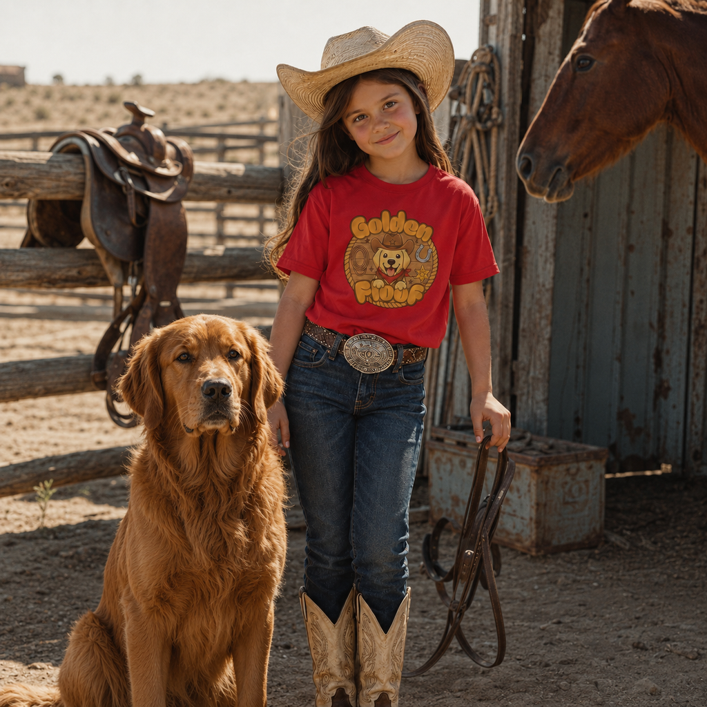 Golden Floof™ Kids Cowboy T-Shirt – Cute Western Golden Retriever Tee for Children