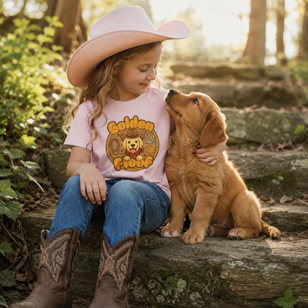 Golden Floof™ Kids Cowboy T-Shirt – Cute Western Golden Retriever Tee for Children