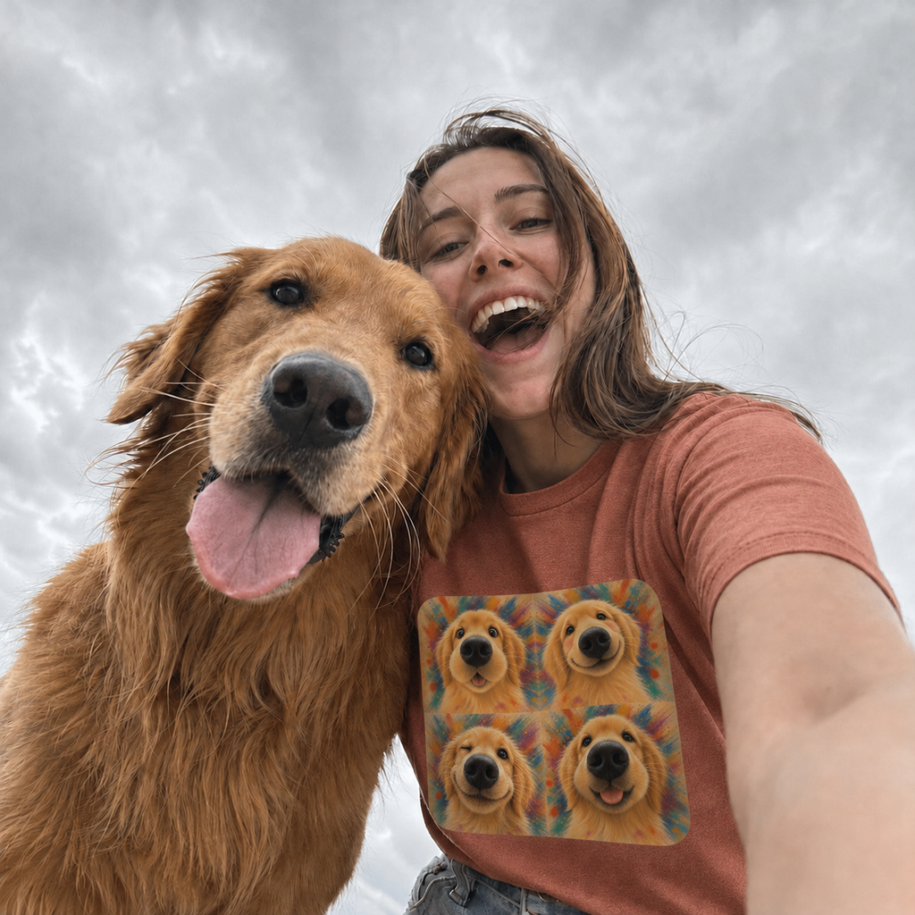 Heather Clay t-shirt printed with a four-panel portrait of Golden Retriever expressions
